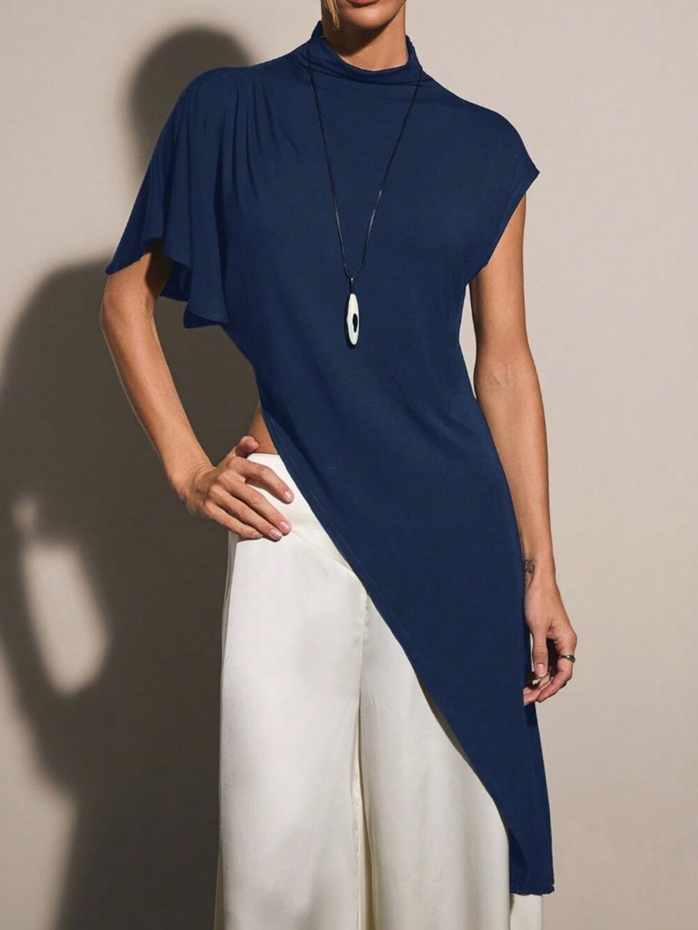 Navy Blue Casual Women's Stand Collar Asymmetrical Hem Top